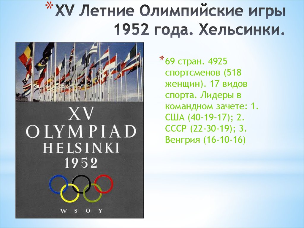 Сколько раз проводятся олимпийские. Летние Олимпийские игры в Хельсинки 1952. Летних Олимпийских играх в Хельсинки.. XV летние Олимпийские игры.