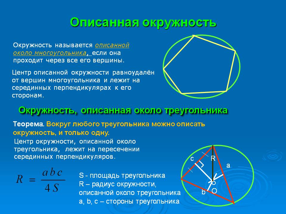 Свойства описанной окружности. Теорема о центре описанной окружности. Теорема о центре вписанной и описанной окружности. Окружность описанная около треугольника. Описан около окружности.