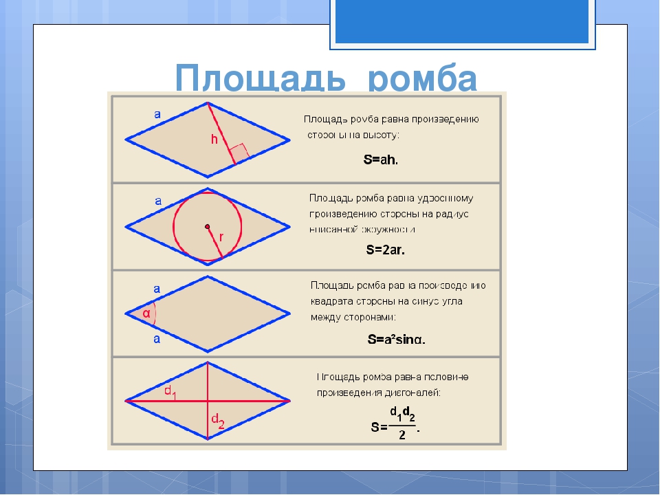 Сформулируйте свойства диагоналей ромба. Площадь ромба формула. Площадь ромба через сторону и диагональ. Нахождение площади ромба через диагонали. Площадь ромба d1 d2.